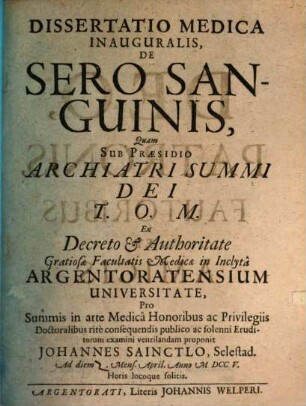 Diss. med. inaug. de sero sanguinis