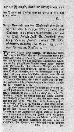 Kurzer Unterricht von der Mythologie oder Götterlehre der alten heydnischen Dichter.