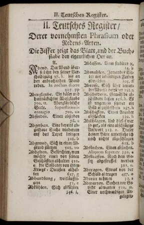 II. Teutsches Register/ Derer vornehmsten Pharsium oder Redens-Arten.