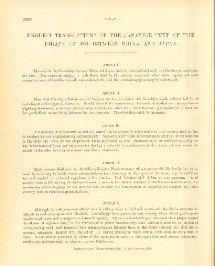 English translation of the Japanese text of the treaty of 1871 between China and Japan