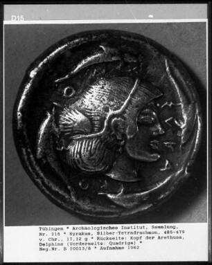 Tetradrachmon, Rückseite mit Kopf der Arethusa, Delphine (Vorderseite: Quadriga)