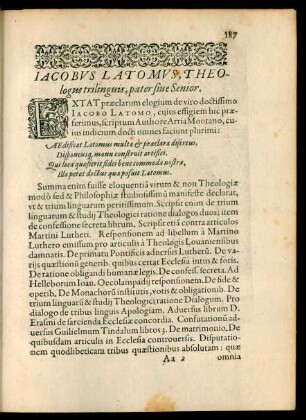 Iacobus Latomus, Theologus trilinguis, pater sive Senior.