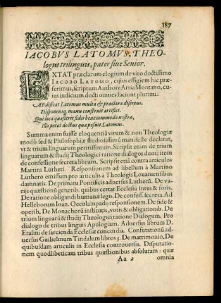 Iacobus Latomus, Theologus trilinguis, pater sive Senior.