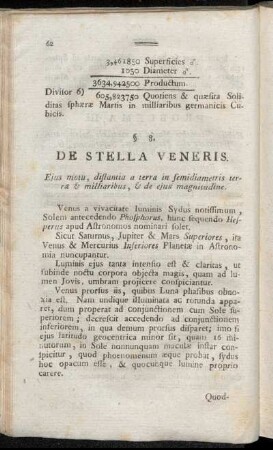 §. 8. De Stella Veneris. Ejus motu, distantia a terra in semidiametris terra & milliaribus, & de ejus magnitudine.