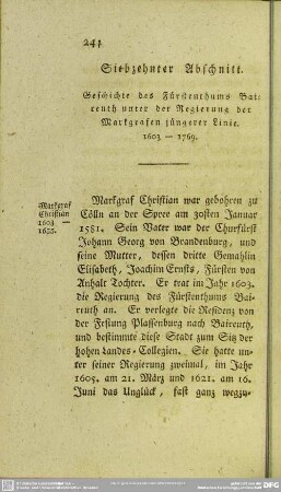 Siebzehnter Abschnitt. Geschichte des Fürstenthums Baireuth unter der Regierung der Markgrafen jüngerer Linie. 1603 - 1769