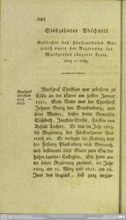 Siebzehnter Abschnitt. Geschichte des Fürstenthums Baireuth unter der Regierung der Markgrafen jüngerer Linie. 1603 - 1769