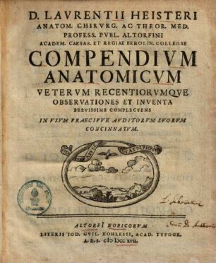 Laurentii Heisteri Compendium anatomicum : veterum recentiorumque observationes et inventa brevissime complectens ; in usum praecipue auditorum suorum concinnatum