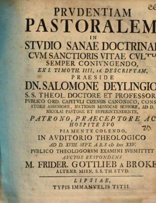 Prudentiam pastoralem in studio sanae doctrinae cum sanctioris vitae cultu semper coniungendo : ex I. Timoth. IV, 16. descriptam