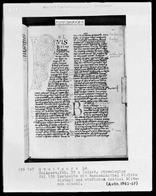 Isidor von Sevilla, Etymologiae — Initialen P(ulvis dictus) und B(itumen elacu), Folio 135recto