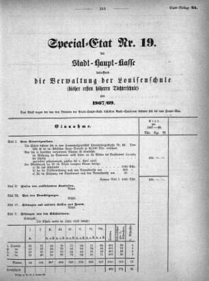 1867,24: Special-Etat Nr. 19 der Stadt-Haupt-Kasse betreffend die Verwaltung der Louisenschule (bisher ersten höheren Töchterschule) pro 1867/69