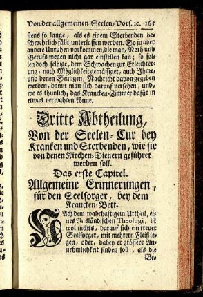 Dritte Abtheilung, Von der Seelen-Cur bey Kranken und Sterbenden, wie sie von denen Kirchen-Dienern geführet werden soll.