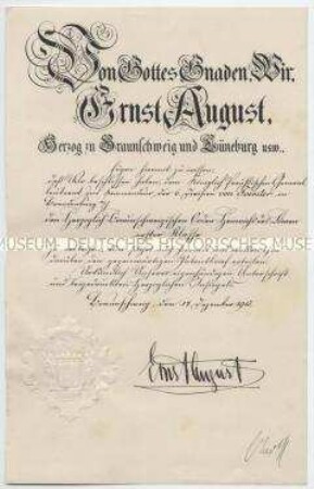 Verleihungsurkunde zum Herzoglich Braunschweigischen Orden Heinrichs des Löwen 1. Klasse