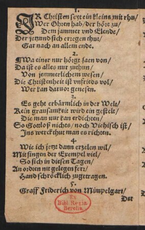 JR Christen seyt ein kleins mit rhu/ || Wer Ohren hab/ der höre zu/ ||