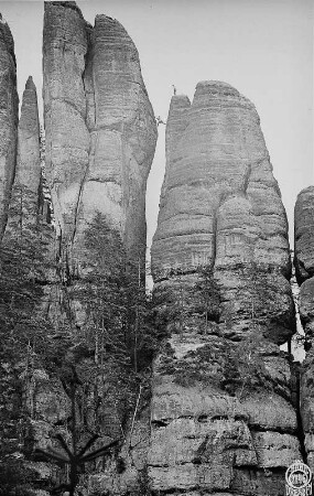 Sächsische Schweiz. Schmilkaer Felsgebiet. Großer und Kleiner Falknerturm. Seilschaft Oswald Kunis beim Übertritt des Übergangsweges