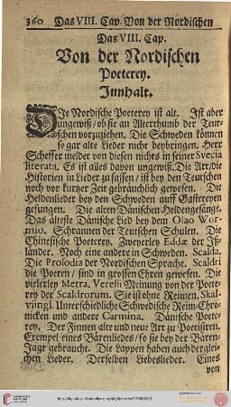Das VIII. Cap. Von der Nordischen Poeterey