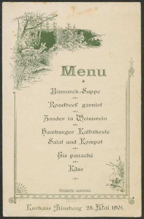 Menu, [Wein-Karte] / Kurhaus Flinsberg : 28. Mai 1901