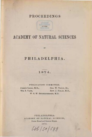 Proceedings of the Academy of Natural Sciences. [26.] 1874