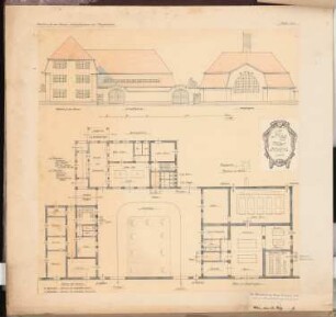 Erziehungsheim Schinkelwettbewerb 1909: Wirtschaftsgebäude, Wohnhaus für den Ökonom und Maschinenhaus. Ansichten, Grundriss, perspektivische Ansicht (Vogelschau) 1:150