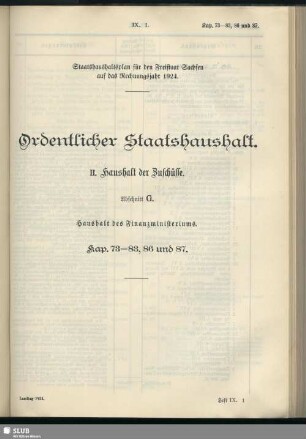 II. Haushalt der Zuschüsse. Abschnitt G. Haushalt des Finanzministeriums. Kap. 73-83, 86 und 87