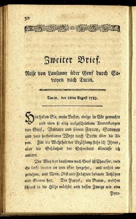 Zweiter Brief. Reise von Lausanne über Genf durch Savoyen nach Turin.