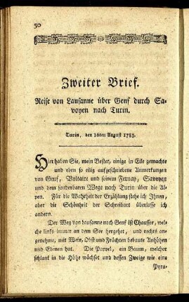 Zweiter Brief. Reise von Lausanne über Genf durch Savoyen nach Turin.