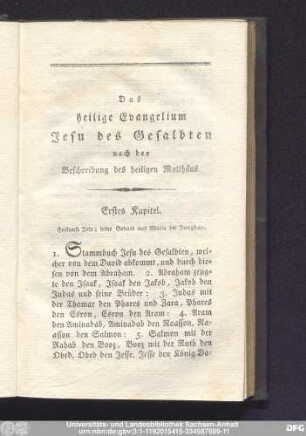Das heilige Evangelium Jesu des Gesalbten nach der Beschreibung des heiligen Matthäus.
