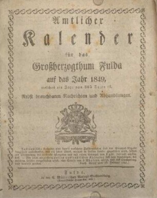 1849: Amtlicher Kalender für das Großherzogthum Fulda