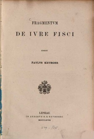Fragmentum de jure fisci : Edidit Paul Krueger