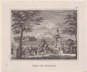 Das Kronentor des Zwingers in Dresden, Blick von der Ostraallee über den zugeschütteten Zwingergraben (Zwingeranlagen), aus Schiffners Beschreibung von Sachsen um 1840