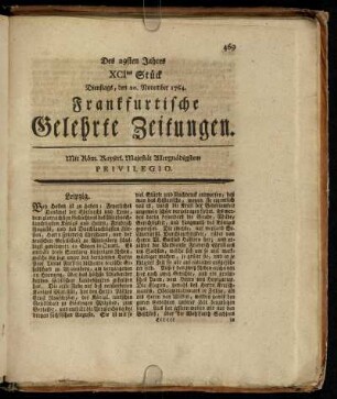 XCItes Stück Dienstags, den 20. November 1764. - Ctes Stück Freytags, den 21. December 1764.