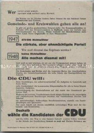 Flugblatt der CDU zu den Kommunalwahlen in Schleswig-Holstein 1948
