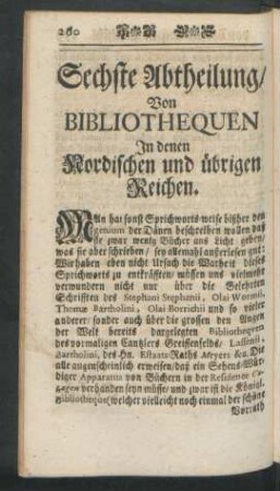 Sechste Abtheilung, Von Bibliothequen In denen Nordischen und übrigen Reichen.