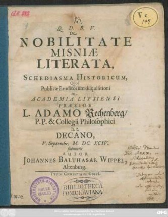 De Nobilitate Misniae Literata, Schediasma Historicum