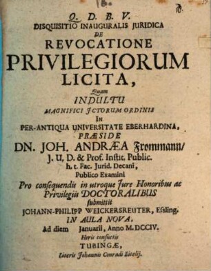 Disquisitio inauguralis juridica de revocatione privilegiorum licita