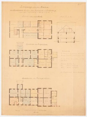 Gartenstadt Falkenberg, Berlin-Altglienicke: Umbau Gutshaus: Grundriss UG, KG, 1.OG, Schnitt