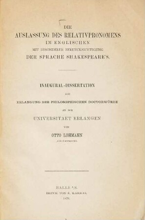 Die Auslassung des Relativpronomens im Englischen mit besonderer Berücksichtigung der Sprache Shakespeare's