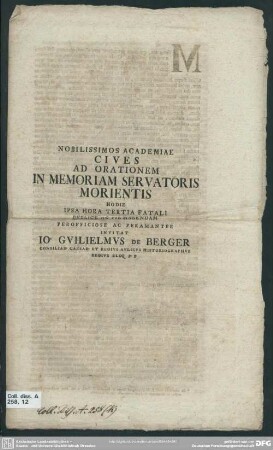 Nobilissimos Academiae Cives Ad Orationem In Memoriam Servatoris Morientis Hodie Ipsa Hora Tertia Fatali Publice Ac Pie Habendam Perofficiose Ac Peramanter