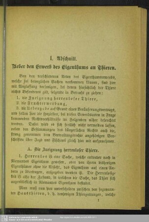 I. Abschnitt. Ueber den Erwerb des Eigenthums an Thieren
