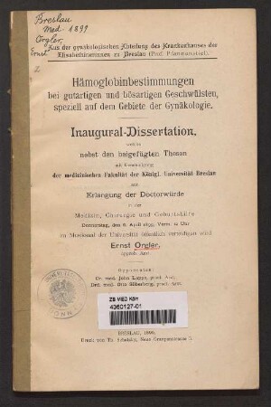 Hämoglobinbestimmungen bei gutartigen und bösartigen Geschwülsten, speziell auf dem Gebiete der Gynäkologie