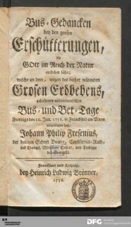 Bus-Gedancken bey den grosen Erschütterungen, die GOtt im Reich der Natur entstehen lässet