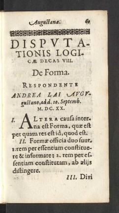 Disputationis Logicae Decas VIII. De Forma.