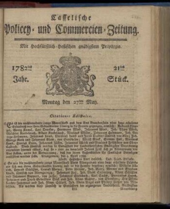 21tes Stueck, Montag den 27ten May. 1782