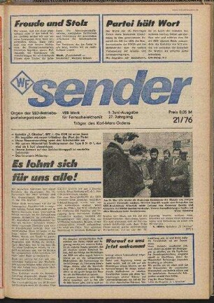 Betriebszeitung 'WF-Sender', Nr.21/1976 (1. Juniausgabe 1976)