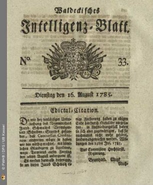 No. 33, Dienstag den 16. August 1785