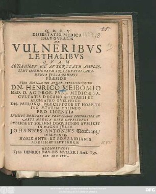 Dissertatio Medica Inauguralis De Vulneribus Lethalibus