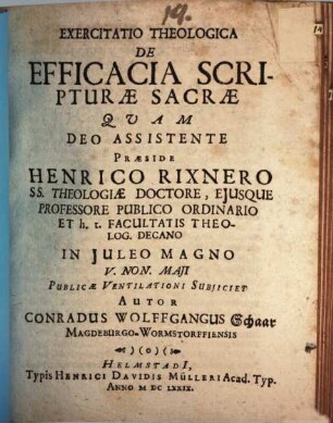 Exercitatio theol. de efficacia scripturae sacrae