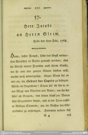 57. Herr Jacobi an Herrn Gleim. Halle den 6ten Febr. 1768