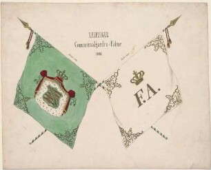 Die Fahne der Leipziger Kommunalgarde im Jahr 1848, Vorderseite mit königlich sächsischem Wappen und Rückseite mit den bekrönten Initialen F. A. des sächsischen Königes Friedrich August II. (1797-1854)