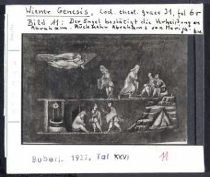 Wiener Genesis (Wien, Cod. theol. graec. 31), fol. 6r: Der Engel bestätigt die Verheißung an Abraham