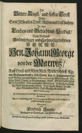 Die Bittere Angst/ und süssen Trost Derer/ So in Jesu allen Trost/ Ruhm und Lust suchen